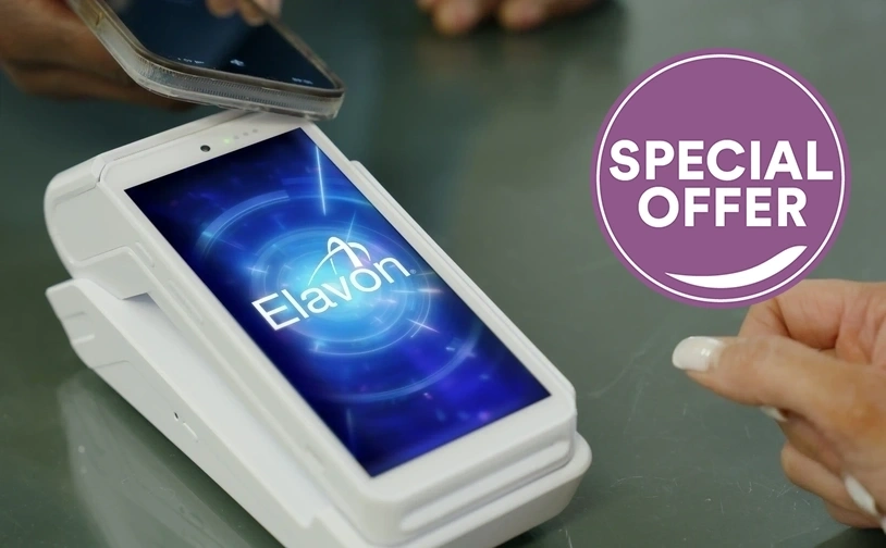 White DX8000 card machine with special offer badge 