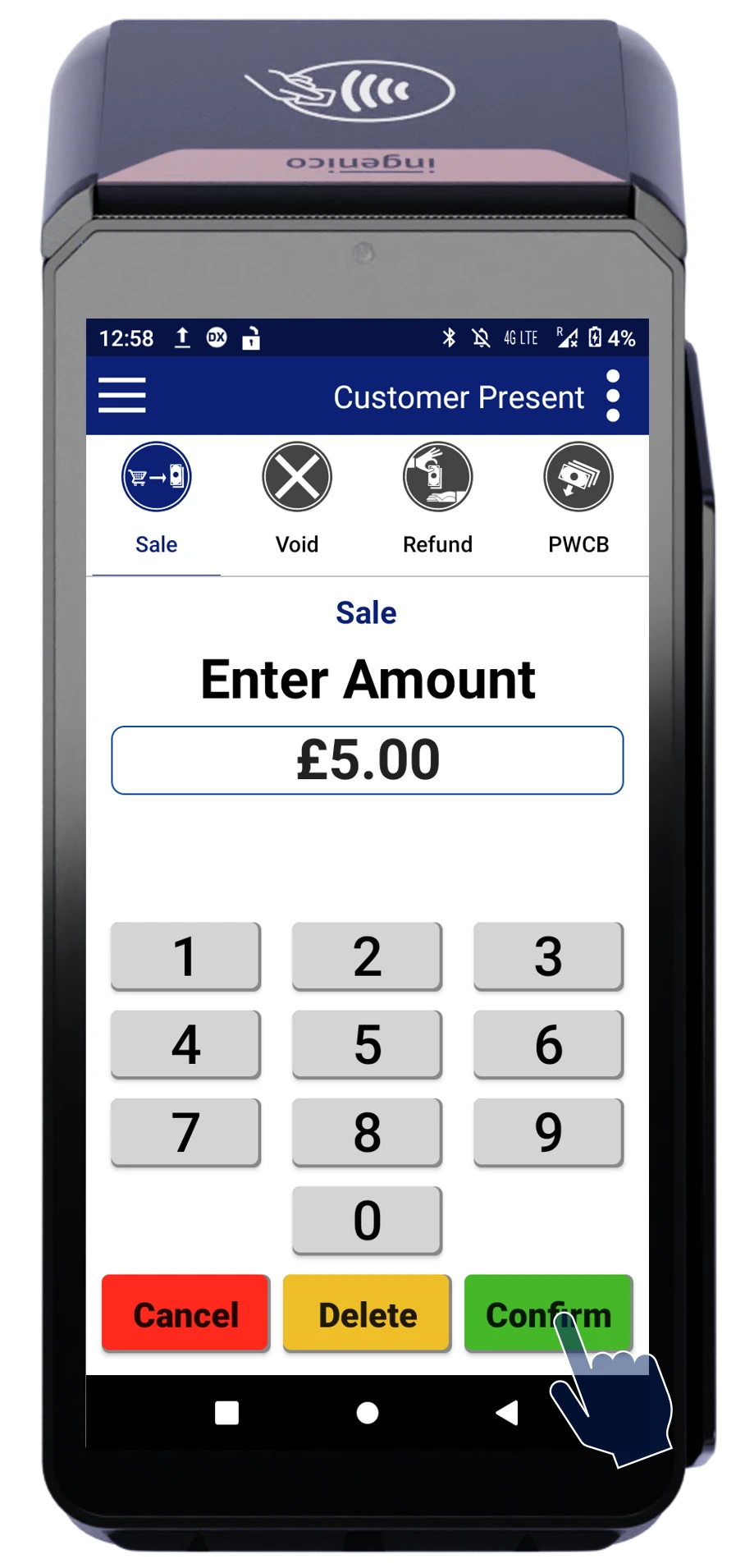 Payment terminal interface showing £5.00 transaction with numeric keypad and confirm button highlighted.