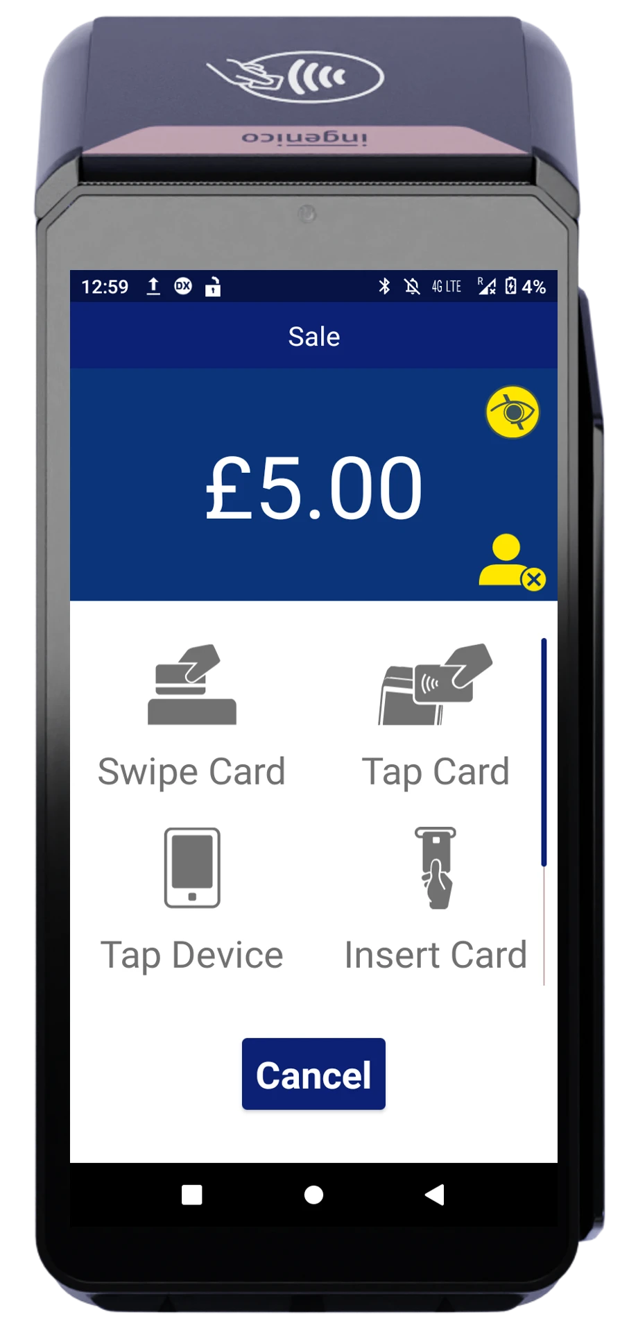 Ingenico payment terminal screen showing £5.00 transaction with multiple card payment options