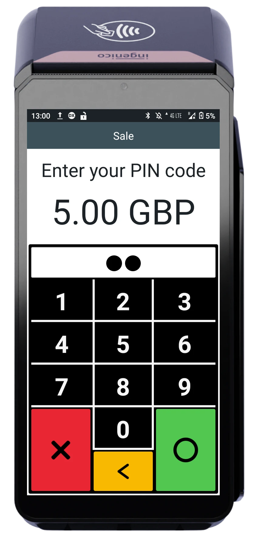 POS device interface displaying £5.00 sale and PIN entry screen with keypad and function buttons.