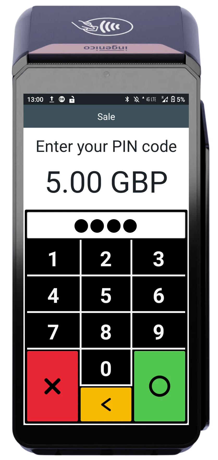 POS device interface displaying 'Enter your PIN code' for £5.00 sale with keypad and function buttons