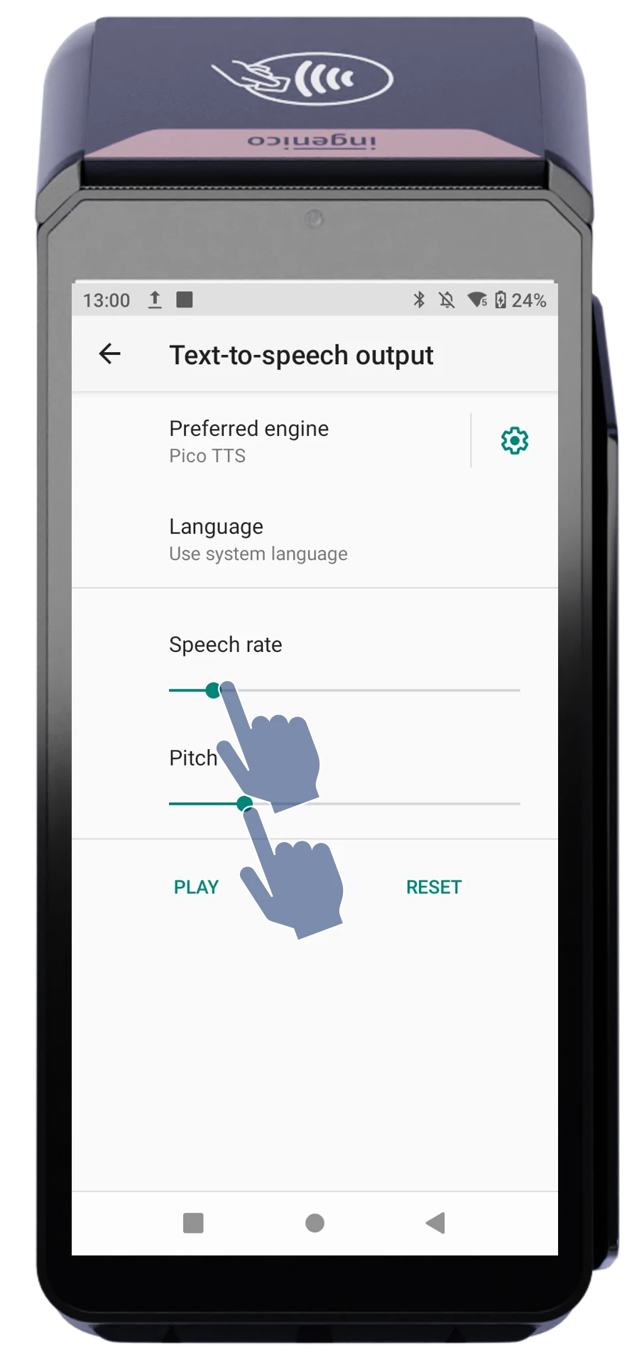 POS terminal displaying text-to-speech settings with hand icons pointing to speech rate and pitch sliders.